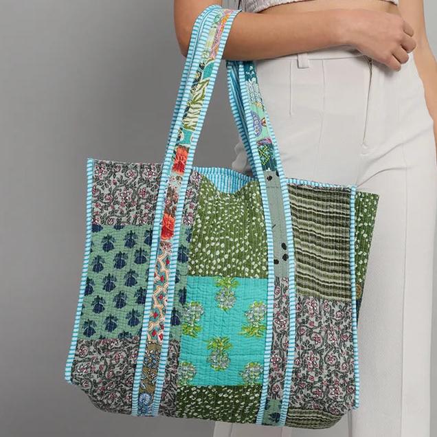 Indian Cotton Quilted Patchwork Grocery Tote Bag