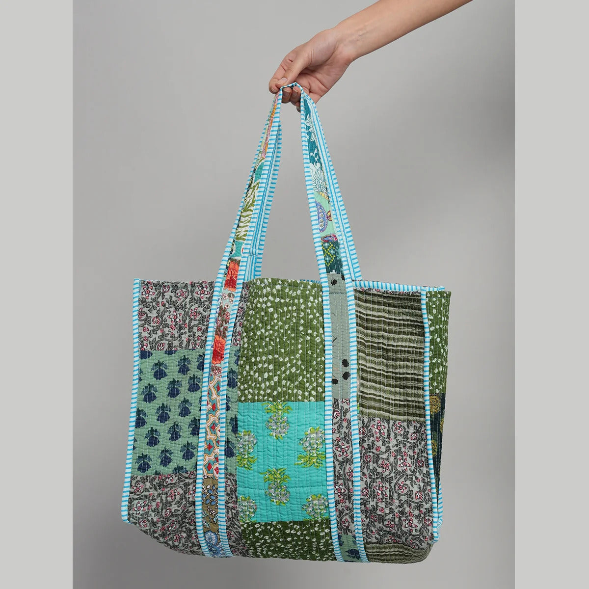 Indian Cotton Quilted Patchwork Grocery Tote Bag