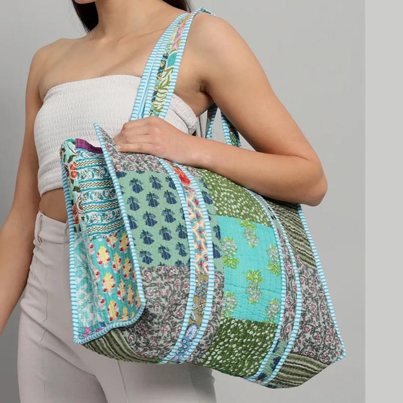 Indian Cotton Quilted Patchwork Grocery Tote Bag